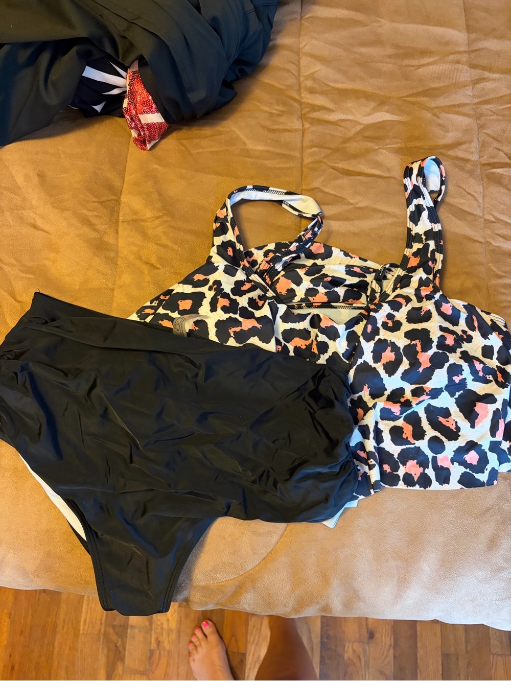 Amazon Multicolor Leopard Print Tankini Top with Black High-Waist Bottoms